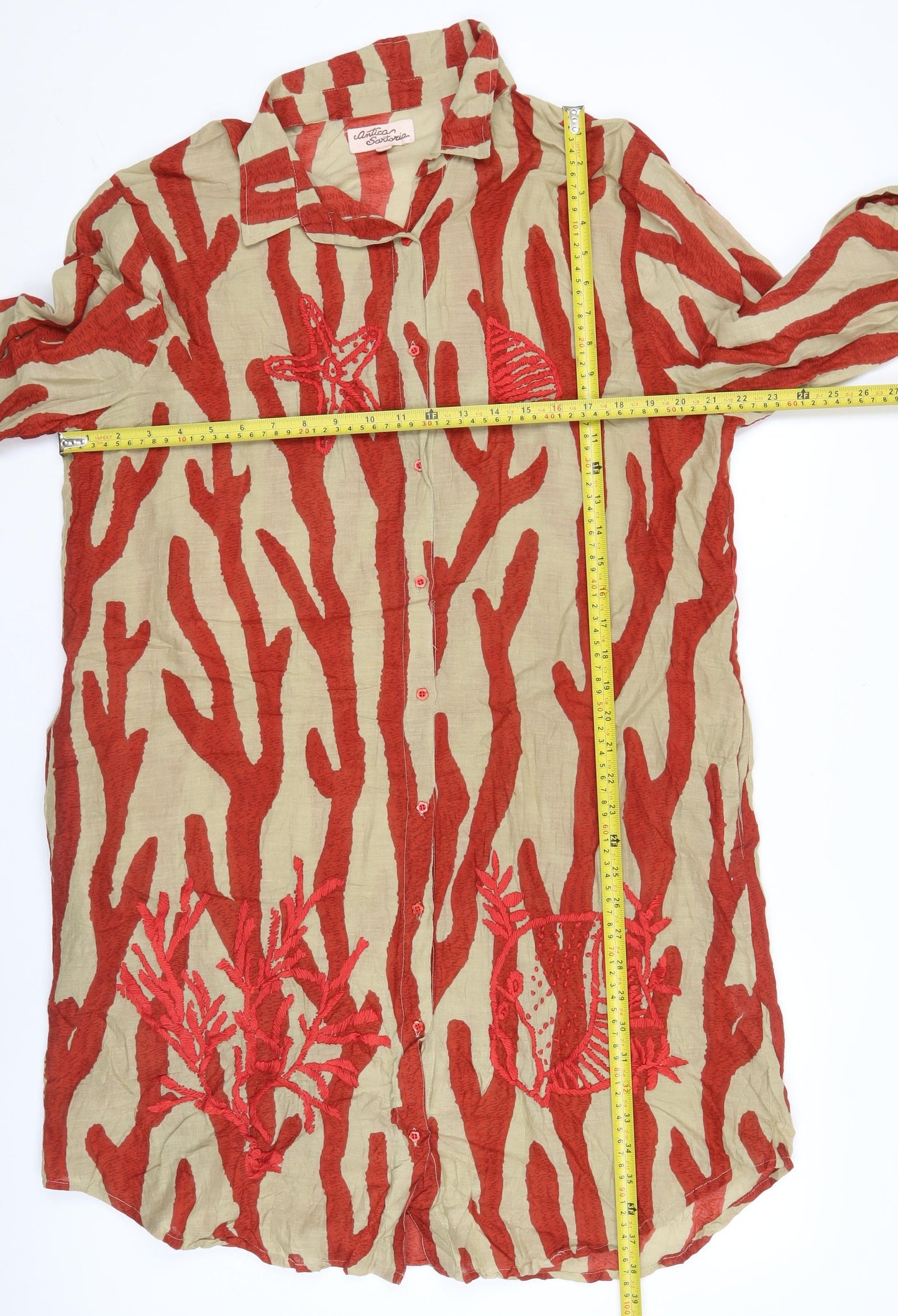 Antica Sartoria Women’s Beige Red Shirt Dress S Embroidered Cotton Casual