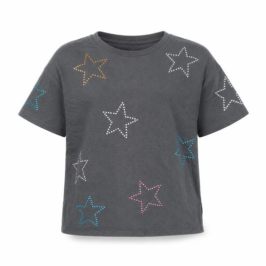 Front view of Next girls’ black star studded cotton t-shirt age 9 crew neck casual