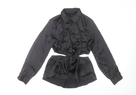 Zara Women Black Satin Cropped Button-Up Shirt Size S