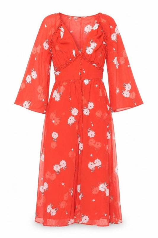 H&M Women Red Floral Midi A-Line Dress Size 8 V-Neck Long Sleeve