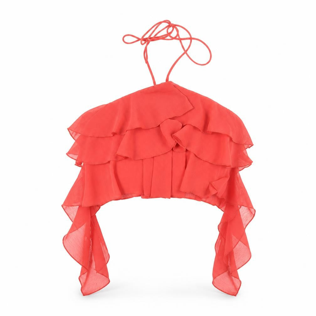 Stradivarius Women Red Halter Cropped Ruffle Chiffon Top Size 10