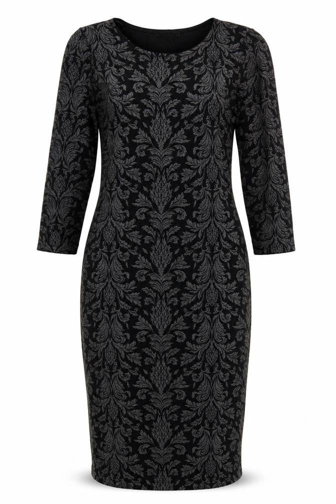 Select Womens Black Damask Bodycon Dress Size 8 3/4 Sleeve Scoop Neck