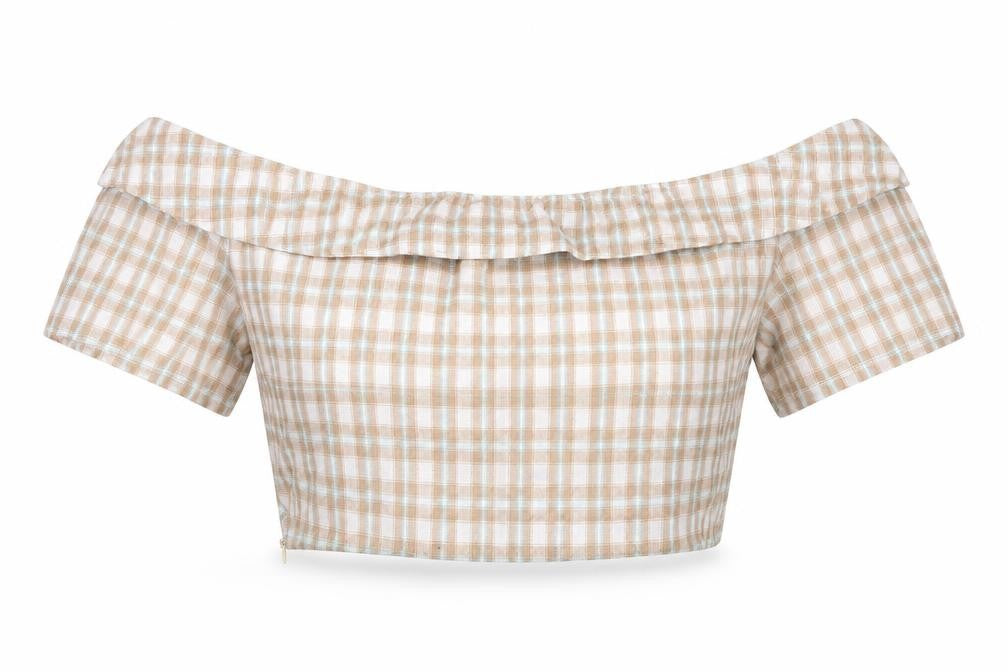 PRETTYLITTLETHING Women’s Beige Check Off Shoulder Cropped Blouse Size 10