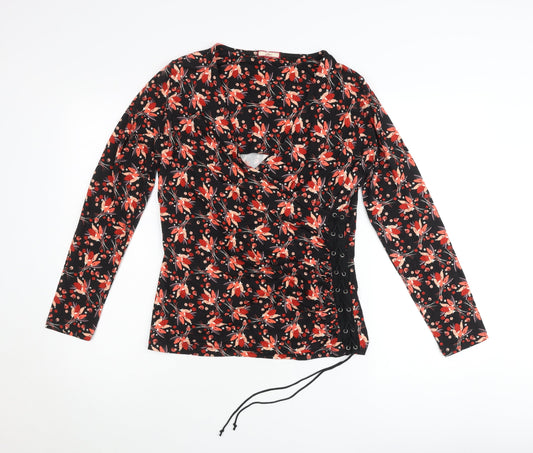Joe Browns Womens Black Floral Wrap Blouse Size 10 Long Sleeve V-Neck