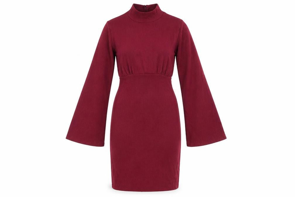 Boohoo Women’s Red Bodycon Mini Dress Size 8 Bell Sleeve High Neck