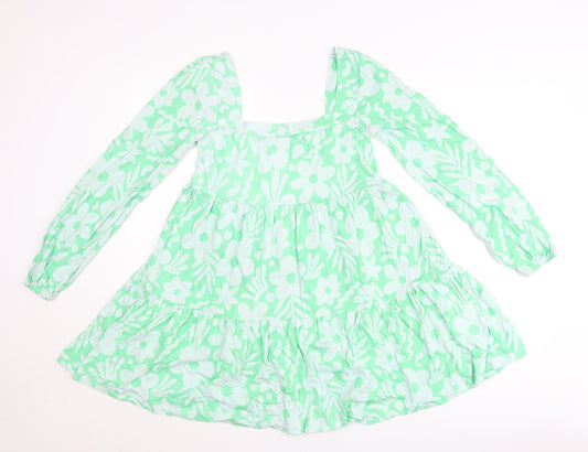 ASOS Women’s Green Floral Smock Dress Size 8 Long Sleeve Square Neck