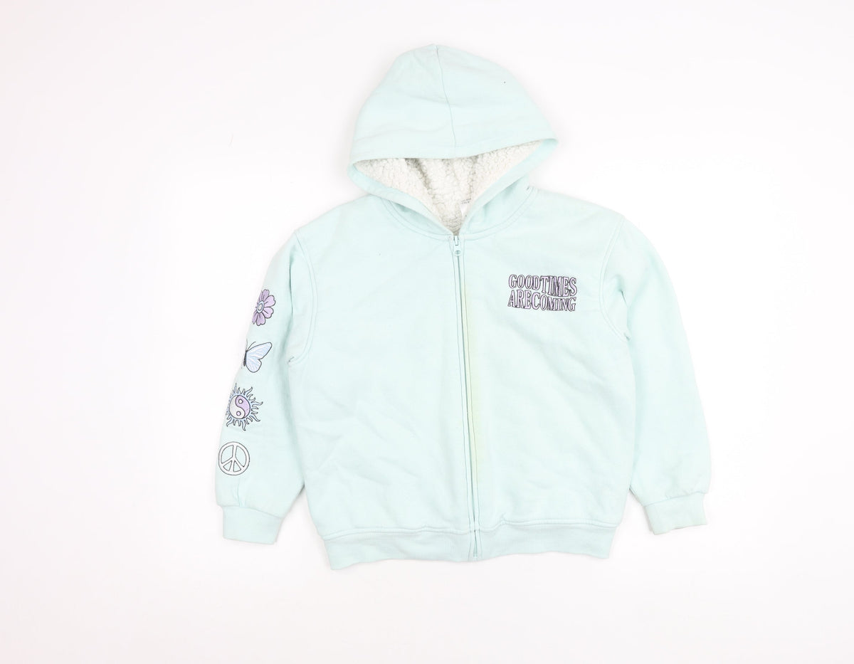 Anko Girls Blue Hooded Jacket Age 10 Lined Full Zip Embroidered Casual