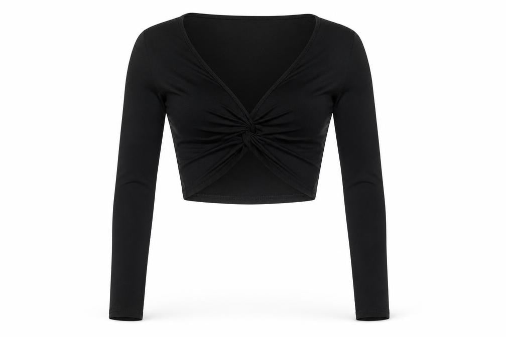 PRETTYLITTLETHING Women’s Black Cropped V-Neck Long Sleeve Blouse Size 8