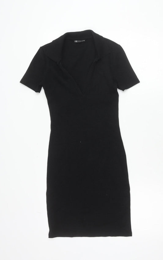 Zara Women Black S Bodycon Collared V-Neck Short Sleeve Dress