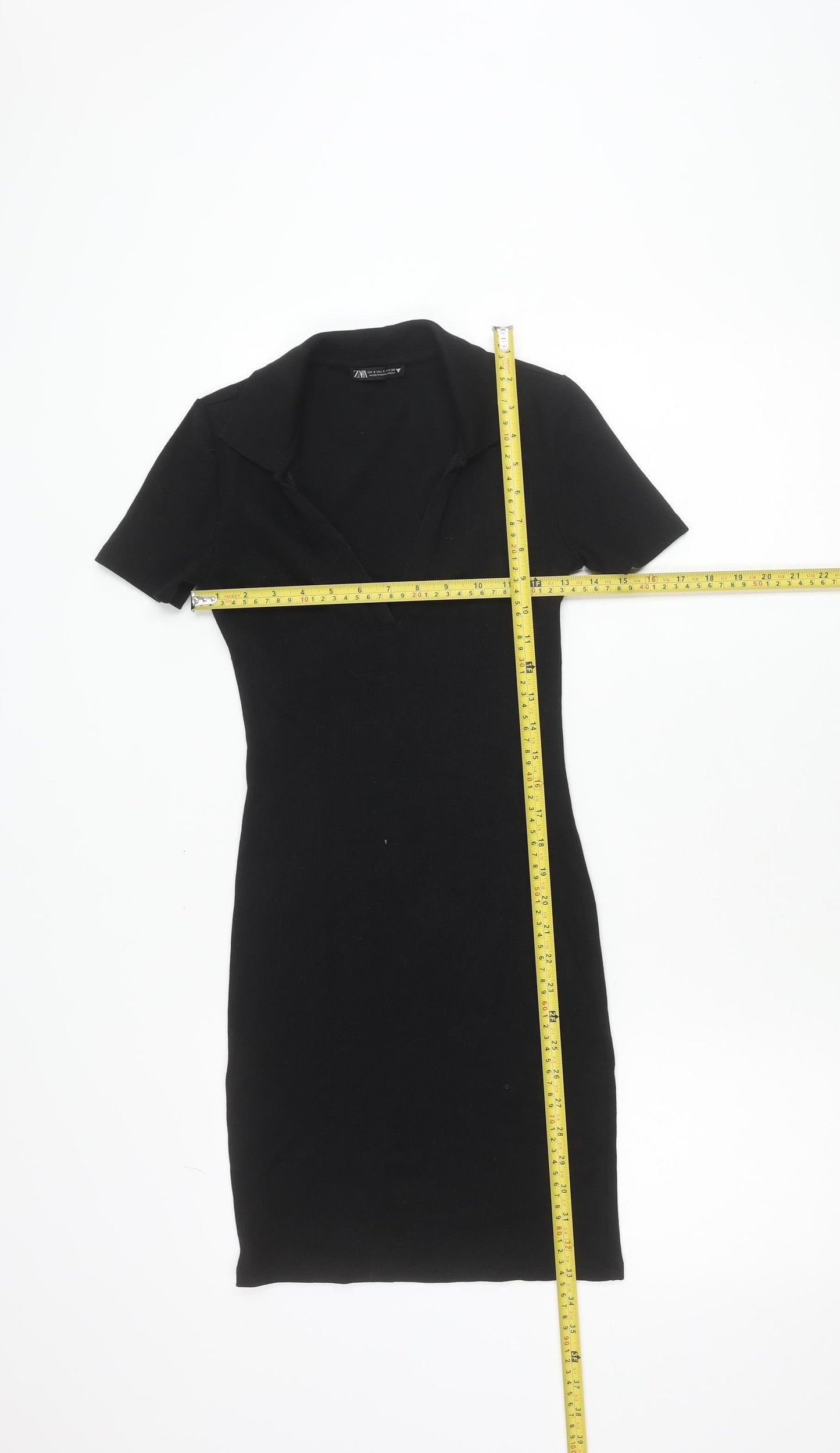 Zara Women Black S Bodycon Collared V-Neck Short Sleeve Dress