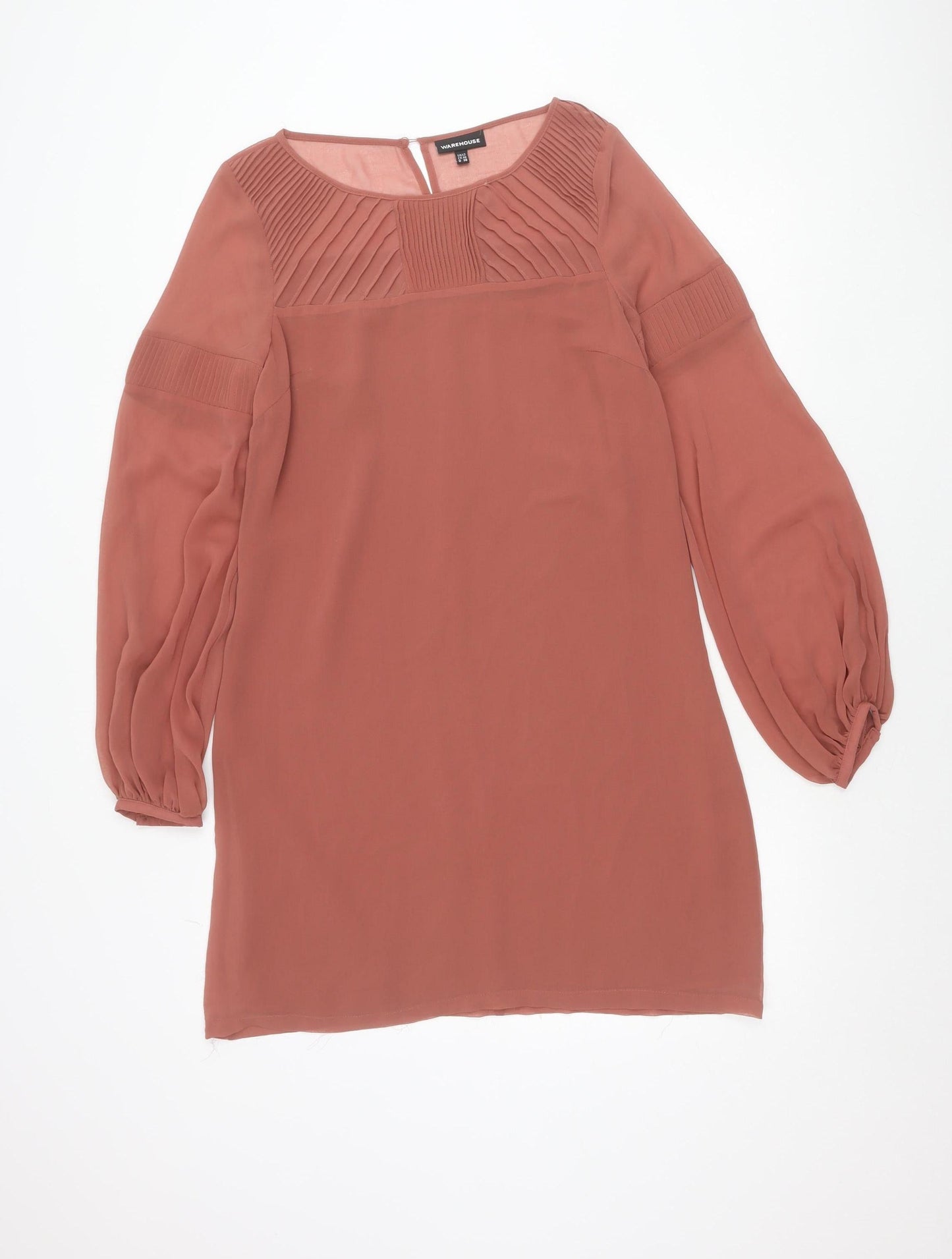 Warehouse Women’s Brown Shift Dress Size 12 Puff Sleeve Pleated