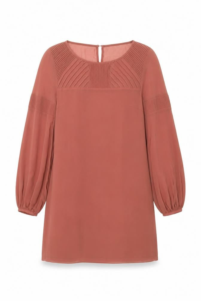 Warehouse Women’s Brown Shift Dress Size 12 Puff Sleeve Pleated