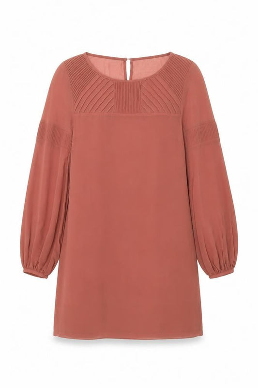 Warehouse Women’s Brown Shift Dress Size 12 Puff Sleeve Pleated