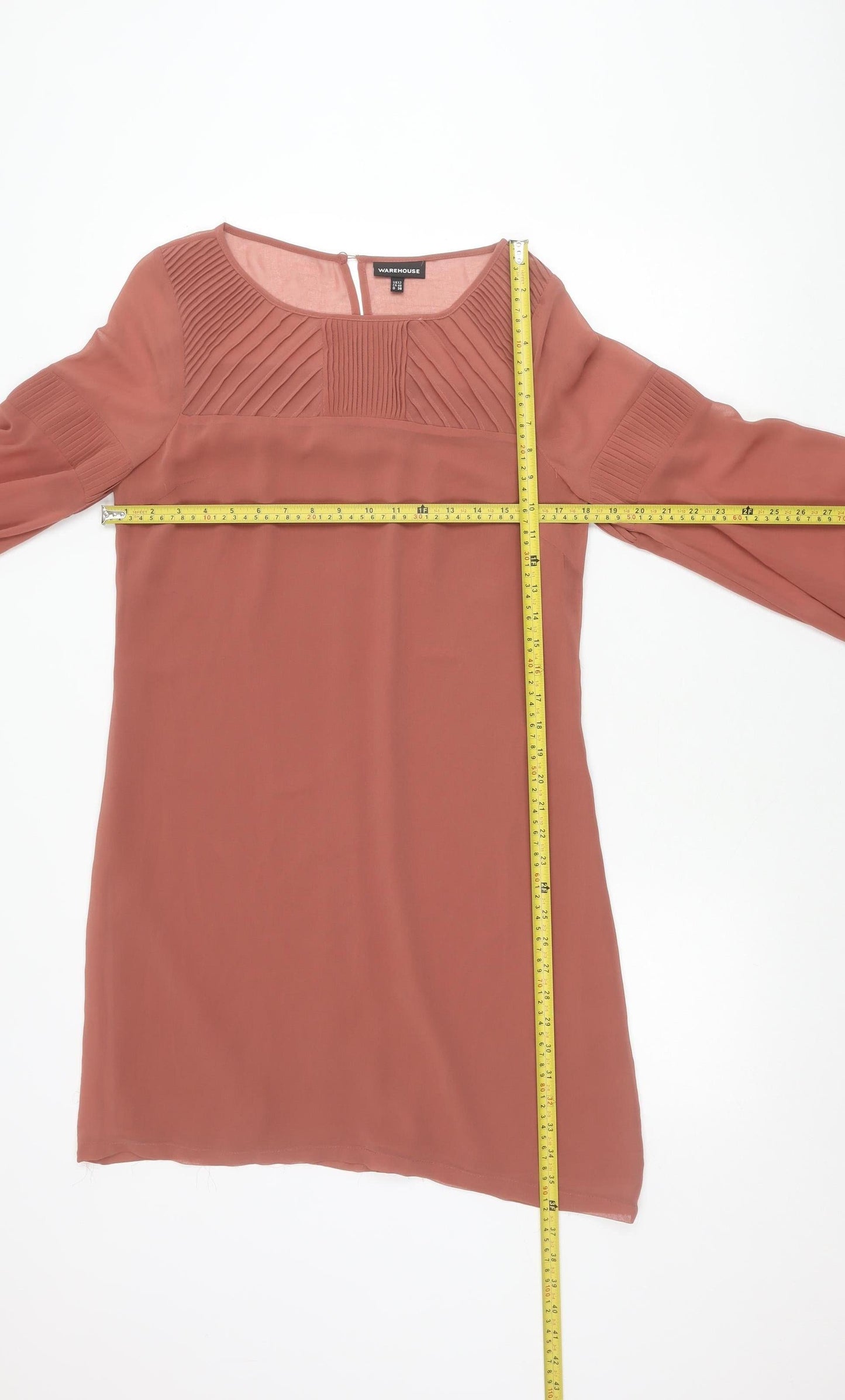 Warehouse Women’s Brown Shift Dress Size 12 Puff Sleeve Pleated