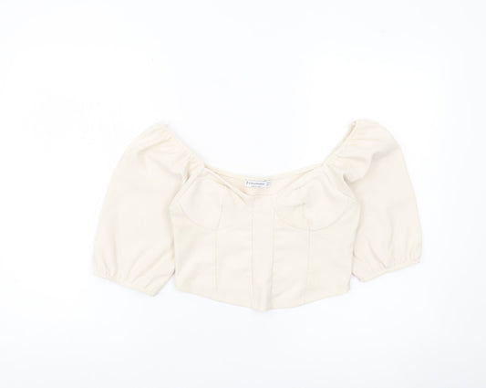 Stradivarius Women Ivory Cropped Blouse Size 12 Puff Sleeve Square Neck