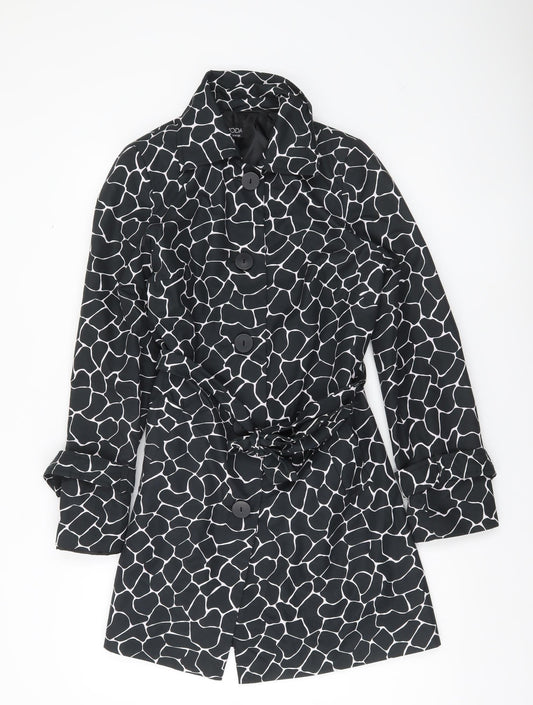 George Women’s Black Animal Print Trench Coat UK 10 Belted Mid-Length