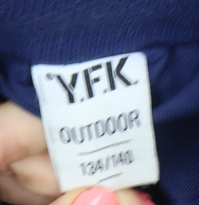 Brand and care label for Y.F.K boys’ blue 9-10 years puffer jacket winter hooded coat