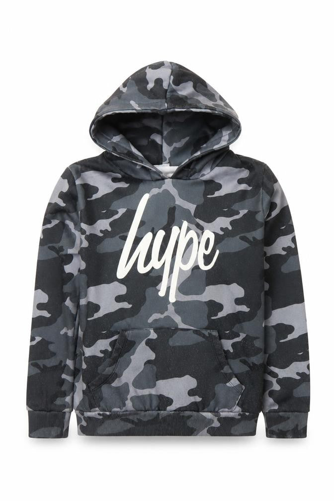 Hype Boys Black Grey Camouflage Pullover Hoodie 13 Years Logo Print