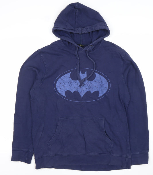 Preloved Batman Men’s Blue Pullover Hoodie Medium Graphic Print Superhero - Front