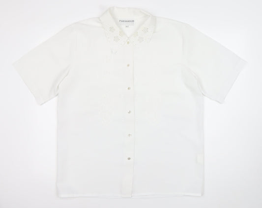 Paramour Womens White Button-Up Short Sleeve Embroidered Shirt L