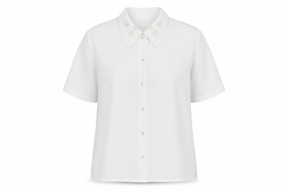 Paramour Womens White Button-Up Short Sleeve Embroidered Shirt L