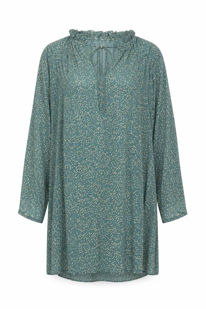 H&M Women Green Metallic Shift Dress Size 12 Long Sleeve Ruffle V-Neck
