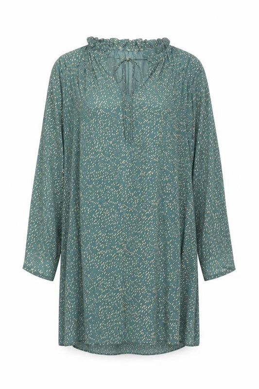 H&M Women Green Metallic Shift Dress Size 12 Long Sleeve Ruffle V-Neck