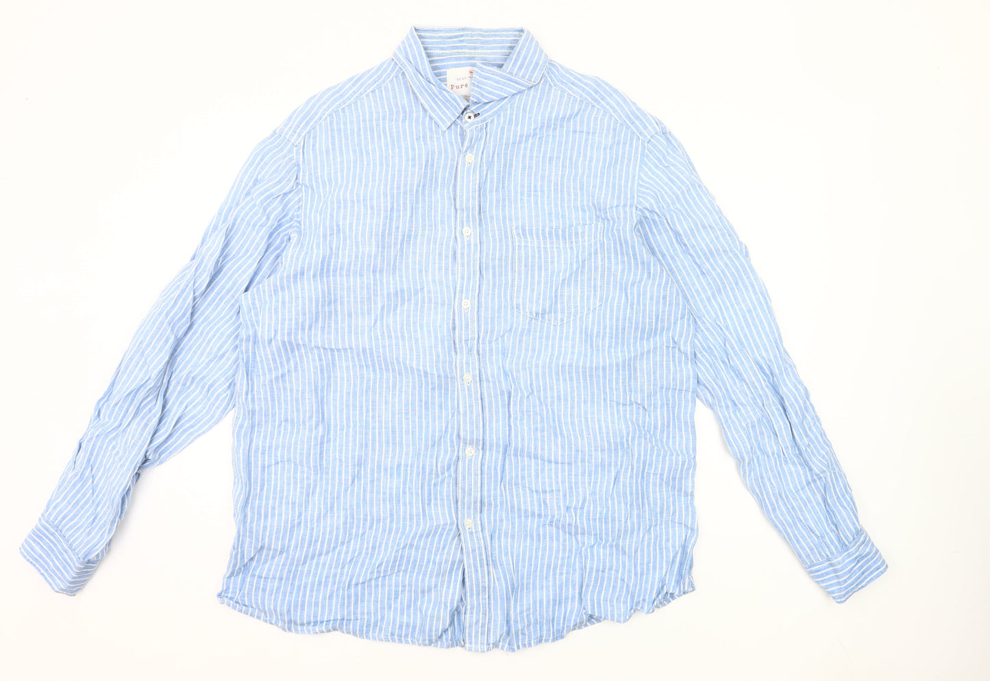 Marks and Spencer Men’s Blue Striped Linen Shirt XL 44-46" Casual Long Sleeve