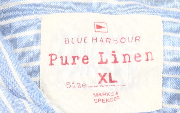 Marks and Spencer Men’s Blue Striped Linen Shirt XL 44-46" Casual Long Sleeve
