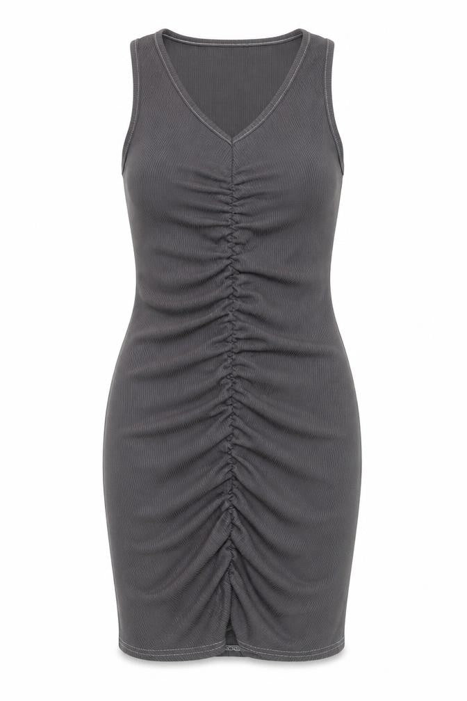 PRETTYLITTLETHING Women’s Grey Bodycon Knee Dress Size 2 Ruched V-Neck