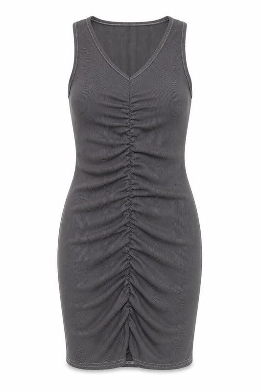 PRETTYLITTLETHING Women’s Grey Bodycon Knee Dress Size 2 Ruched V-Neck
