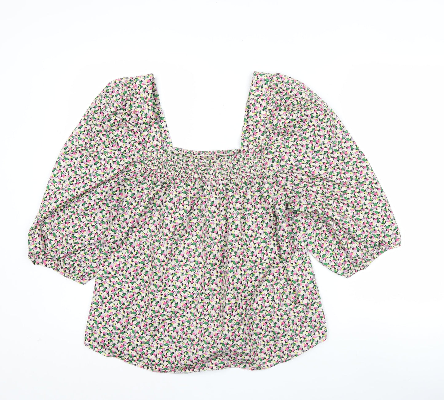 H&M Women’s Multicoloured Floral Cotton Blouse L Puff Sleeve