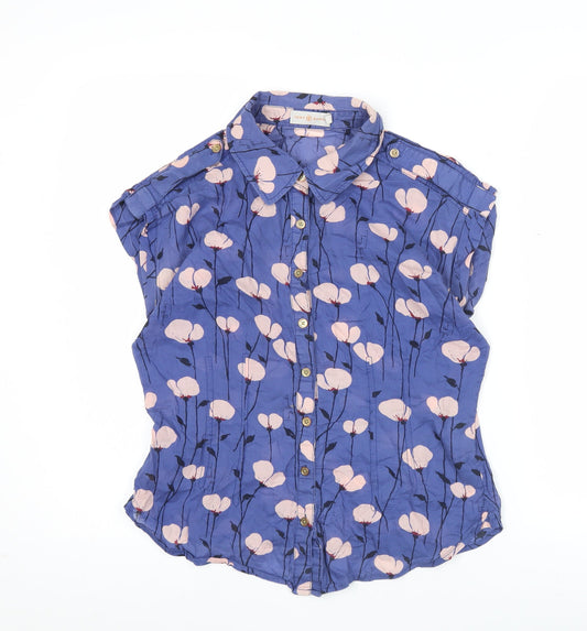 Tory Burch Women Blue Floral Cotton Short Sleeve Button-Up Shirt Size 10