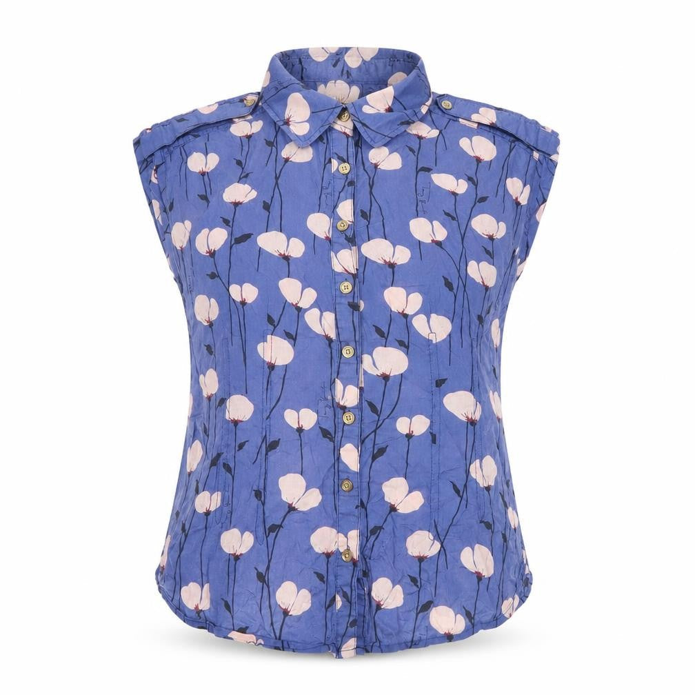 Tory Burch Women Blue Floral Cotton Short Sleeve Button-Up Shirt Size 10