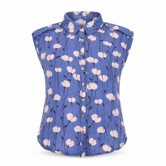 Tory Burch Women Blue Floral Cotton Short Sleeve Button-Up Shirt Size 10
