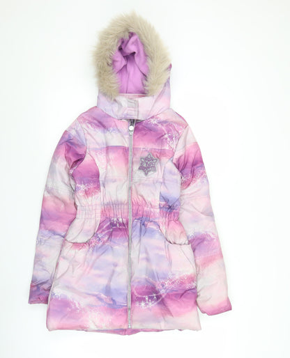 Additional front view of Disney Frozen girls’ pink purple puffer jacket coat age 11 years hooded