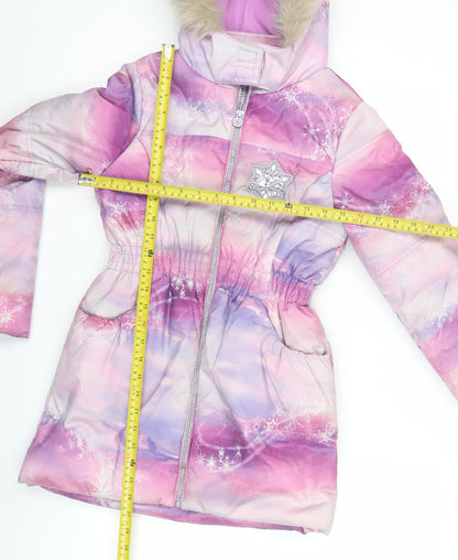 Back view of Disney Frozen girls’ pink purple puffer jacket coat age 11 years hooded