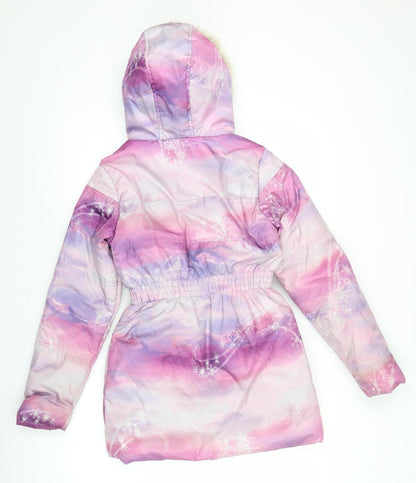 Close-up detail of Disney Frozen girls’ pink purple puffer jacket coat age 11 years hooded