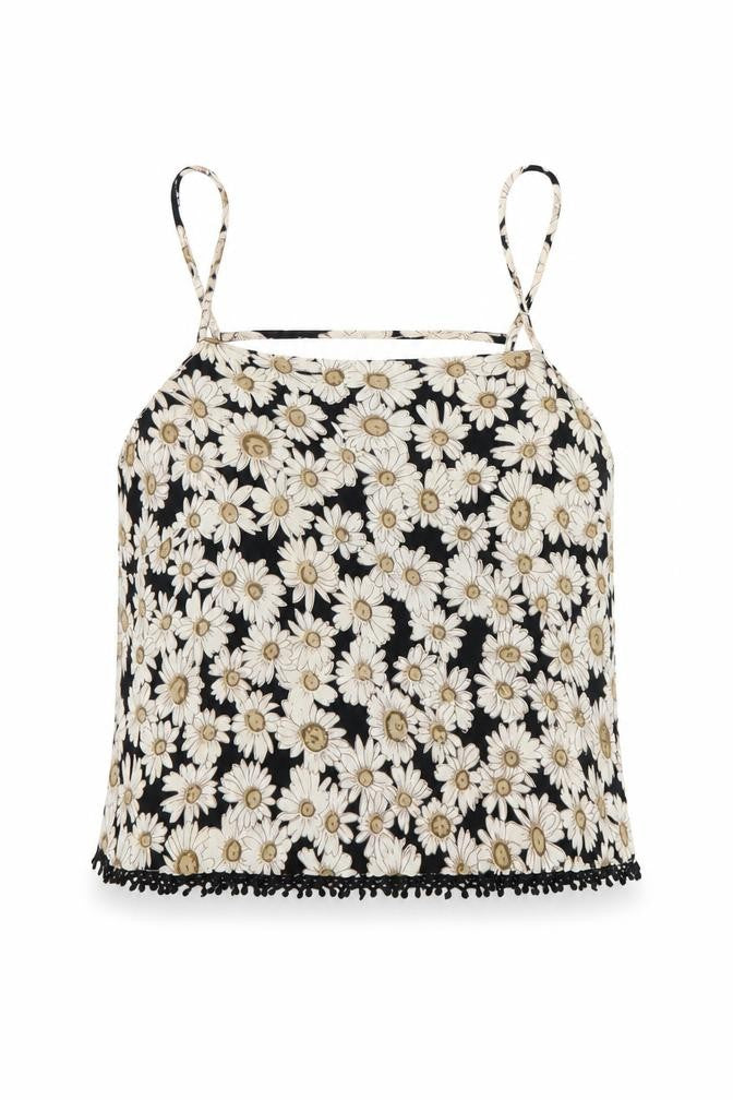 Front view of ASOS Women’s Black Floral Camisole Tank Top, size UK 6, Spaghetti Strap Summer