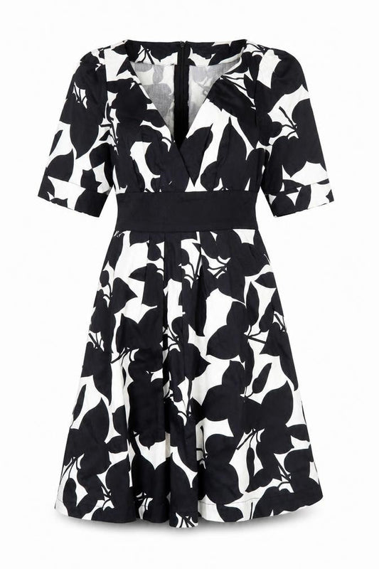 Front view of French Connection Women’s Black White A-Line Dress, size UK 10, V-Neck