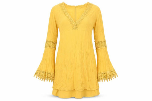 ASOS Womens Yellow Viscose Shift Dress Size 8 Boho Crochet Long Sleeve