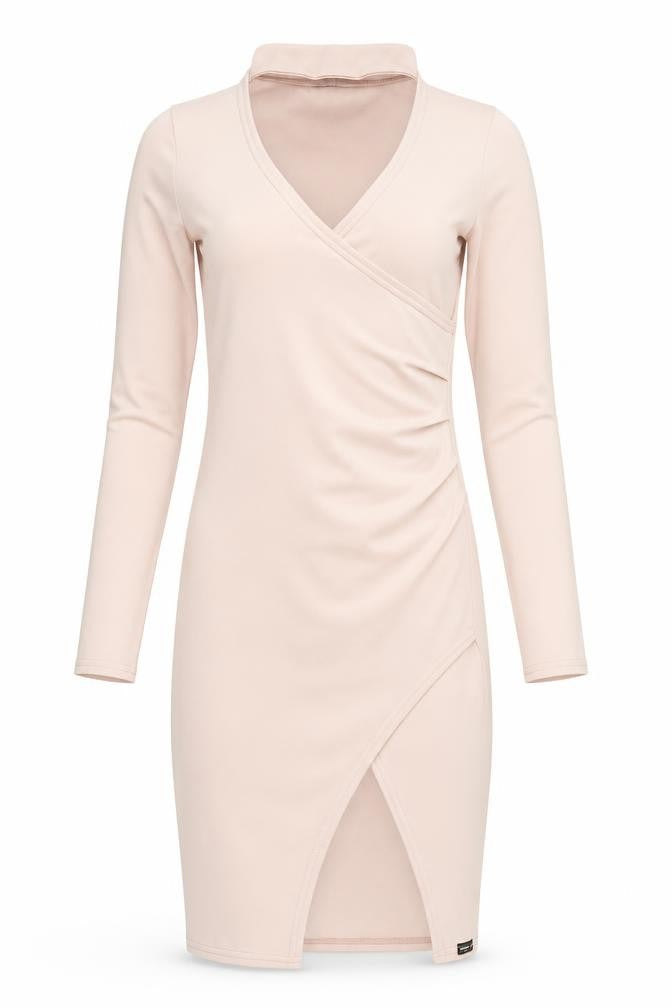 ZIP-CODE Women Beige XS Bodycon Knee Length Long Sleeve V-Neck Dress