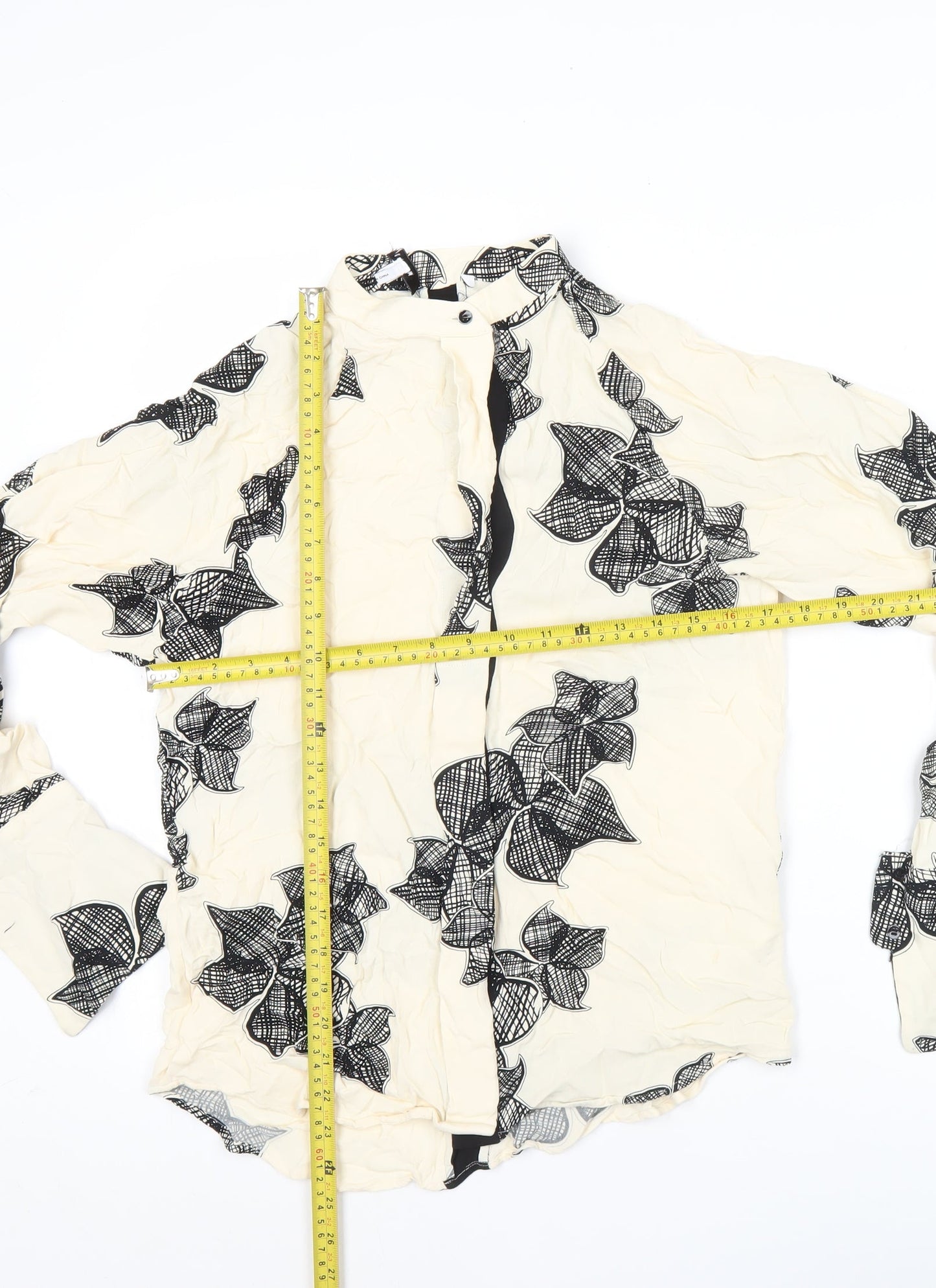 Reiss Womens Ivory Black Floral Blouse Size 6 Long Sleeve Collared