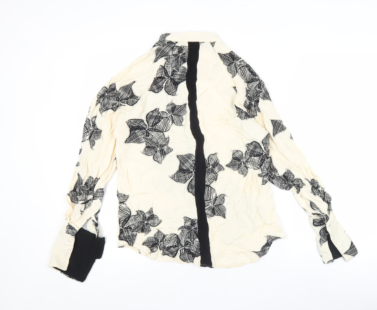 Reiss Womens Ivory Black Floral Blouse Size 6 Long Sleeve Collared