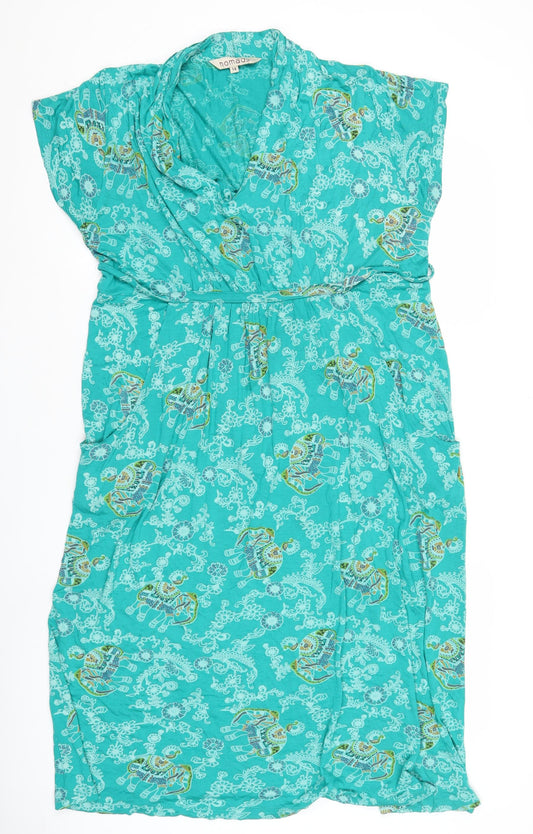 Nomads Womens Green Elephant Print Viscose Wrap Midi Dress Size 14