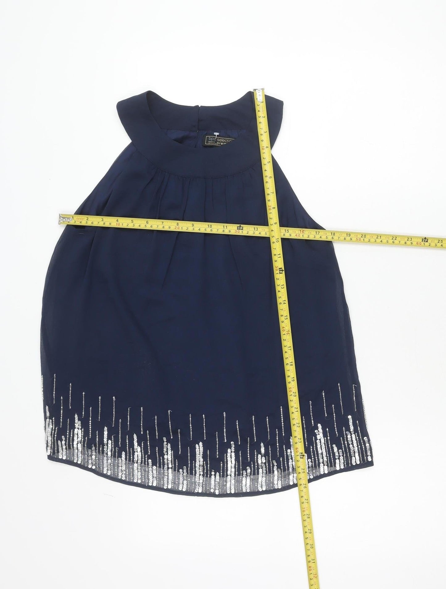 bpc Selection Women’s Blue Sequin High Neck Sleeveless Tunic Blouse Size 12