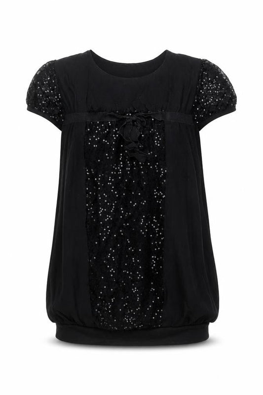 SooLee Women Black Sequin Tunic Blouse S Short Sleeve Party Top