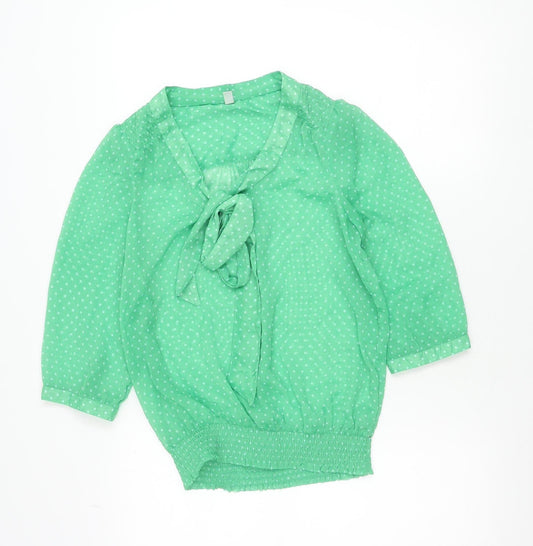 ONLY Women’s Green Polka Dot Blouse Size 8 V-Neck Bow 3/4 Sleeve