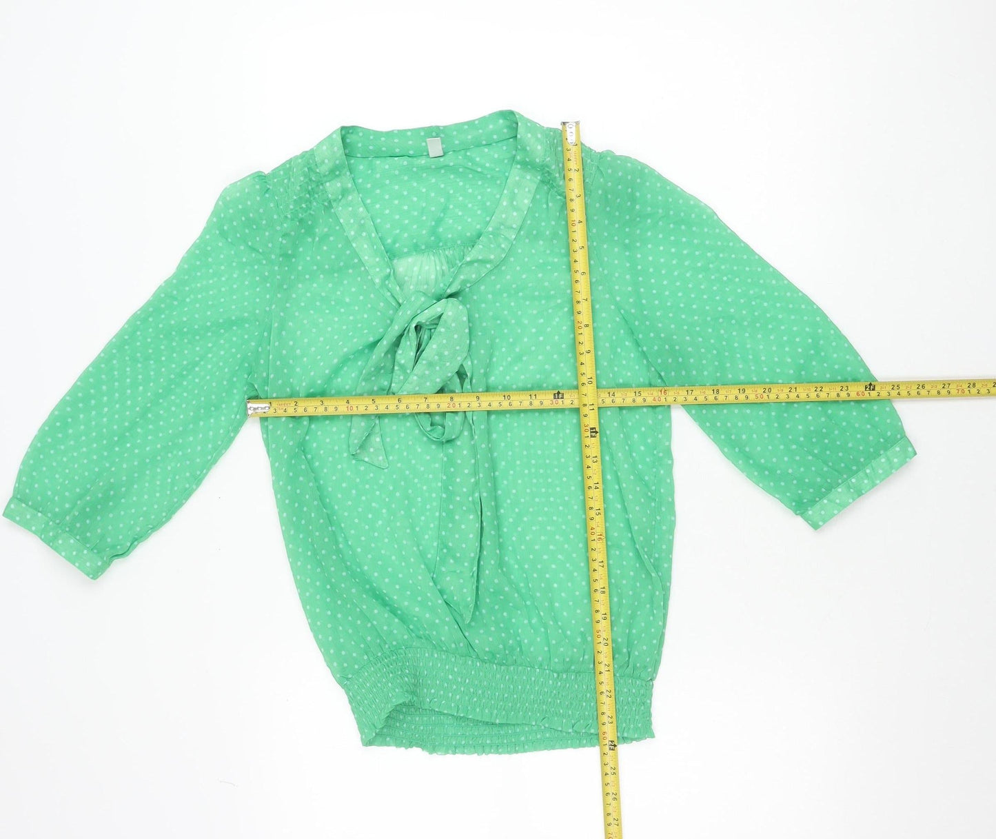 ONLY Women’s Green Polka Dot Blouse Size 8 V-Neck Bow 3/4 Sleeve