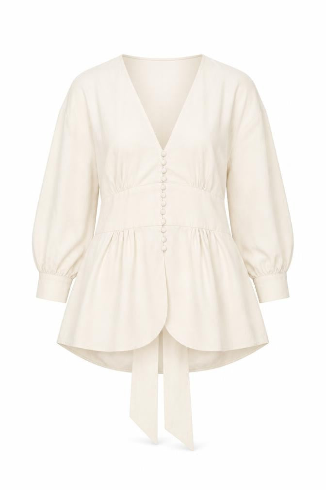 Topshop Women’s Ivory Wrap Blouse Size 10 Long Sleeve Puff Tie Waist
